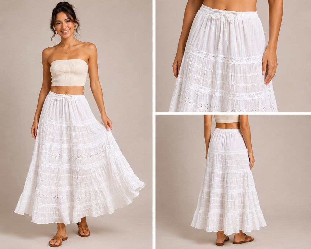 Akshita White Cotton Maxi Skirt Free Size Boho Eyelet Lace Tiered Drawstring